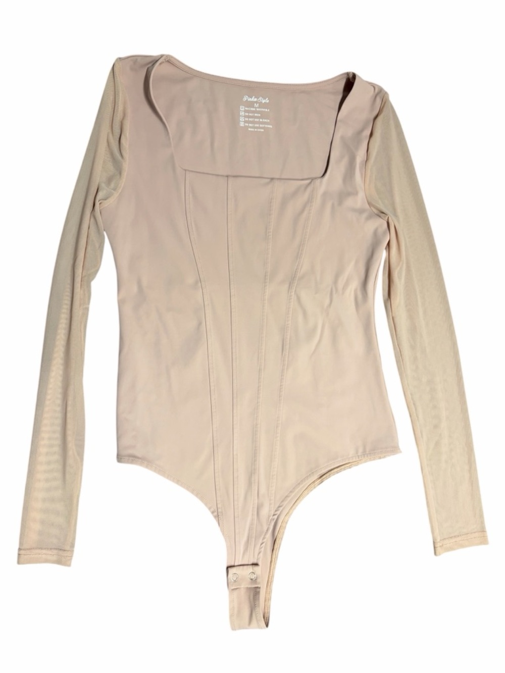 Pinkm Style Nude Square Neck Bodysuit Long Sleeve Stretch Basic Top M